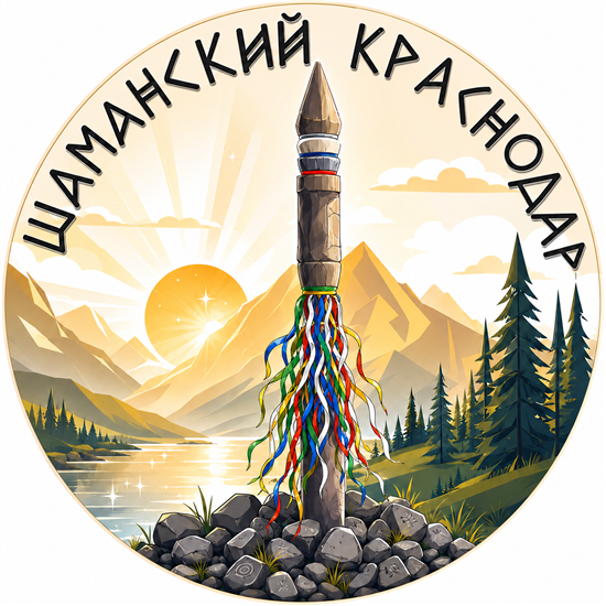 Логотип «Шаманский Краснодар»: серге с лентами на фоне гор и озера